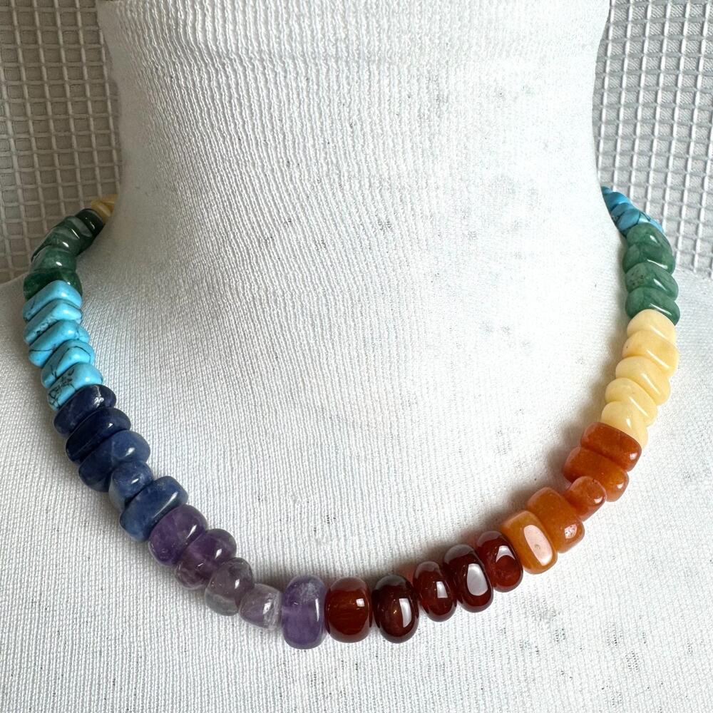 Rainbow Gemstone Necklace Semi-Precious Oval Bead 17" Amethyst Jadeite Garnet